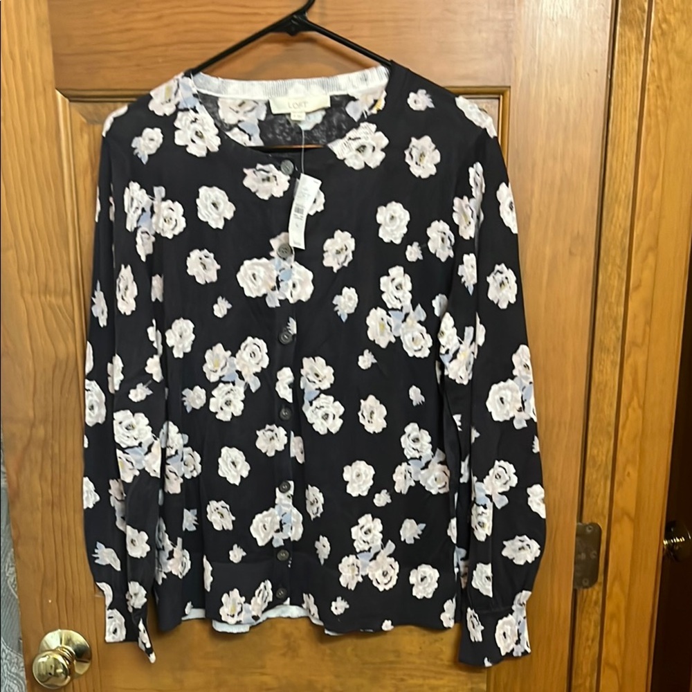 LOFT Navy and White Floral cardigan XL NWT